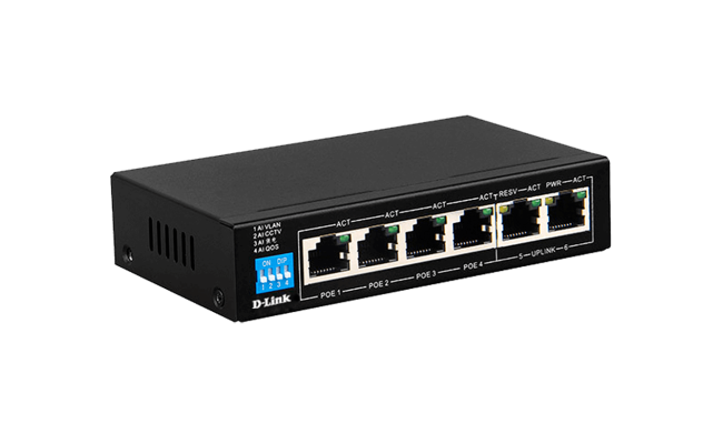 D-Link DGS-F1006P-E 6-Port 10/100/1000 Switch with 4 PoE Ports and 2 Uplink Ports