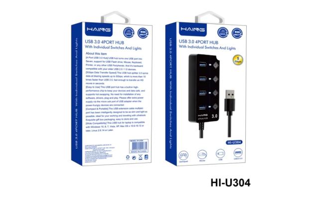 HAING HI-U304 USB 3.0 with Individual Switches and Lights 4 Port Hub 5Gbps
