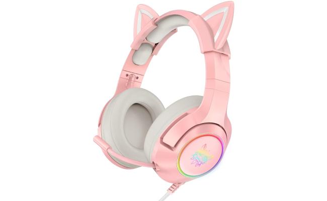 ONIKUMA K9 Pink Gaming Headset with Removable Cat Ears, for PS5, PS4, Xbox One (Adapter Not Included), Nintendo Switch, PC, with Surround Sound, RGB LED Light & Noise Canceling Retractable Microphone