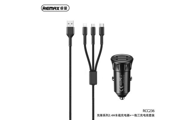 Remax RCC236 Car Charger 2USB 2.4A + Cable 3IN1 Black